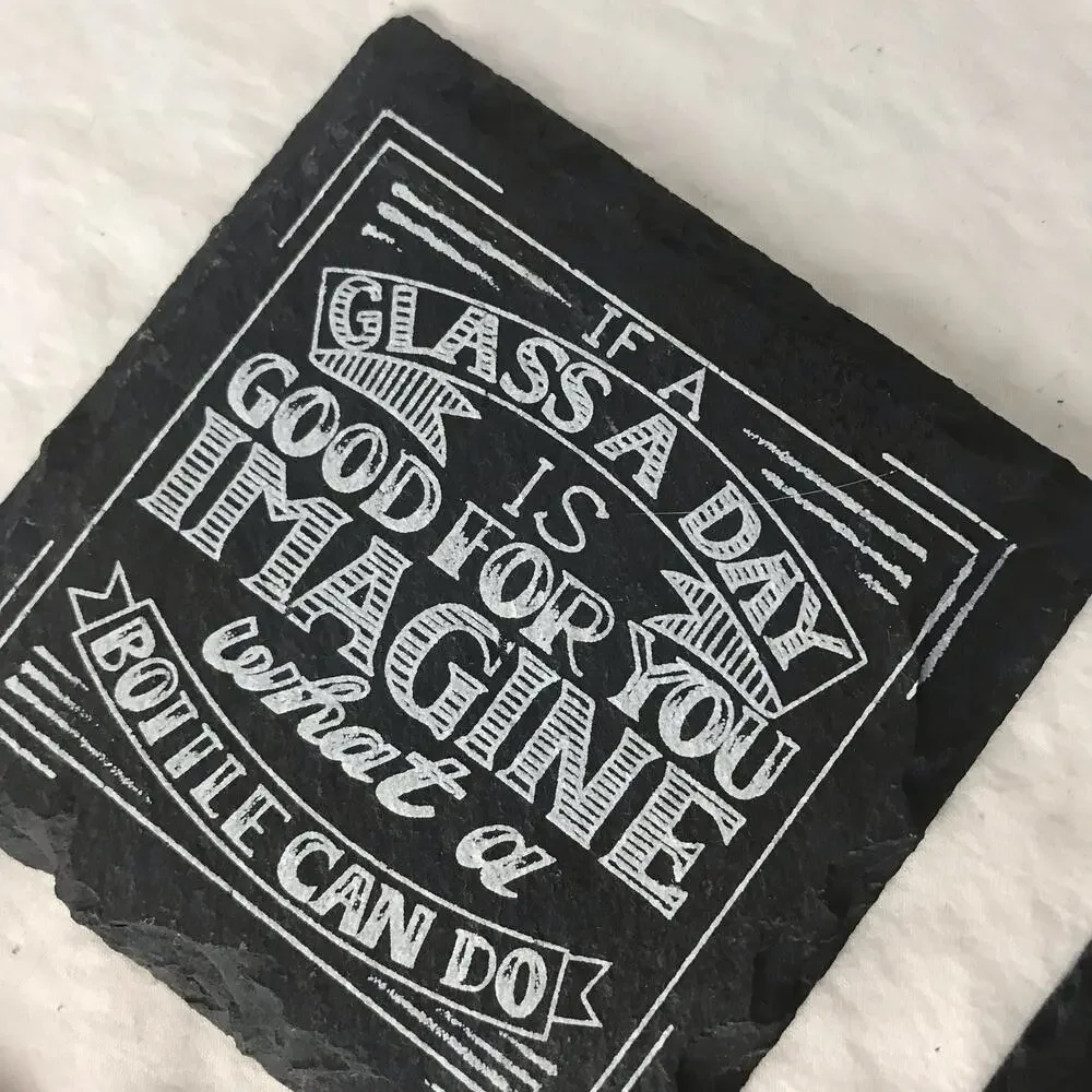 Set of 4 Black Slate Wine Barware Coasters Novelty Print Sayings With Felt Pads